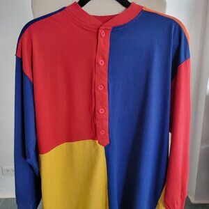 Classic Esprit Color Block Front 1/4 Button-up long sleeve Pullover Top (Size: L